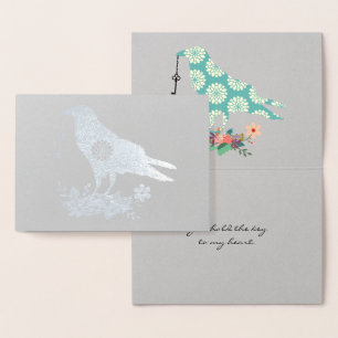 Key To My Heart Blue Floral Bird Custom Text Real Foil Card