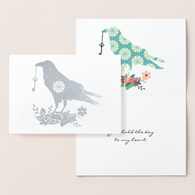 Key To My Heart Blue Floral Bird Custom Text Real Foil Card (Display)
