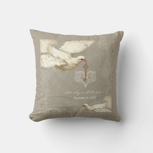 Key to my Heart Dove Swirl Flourish Grey Collage Cushion (Front)