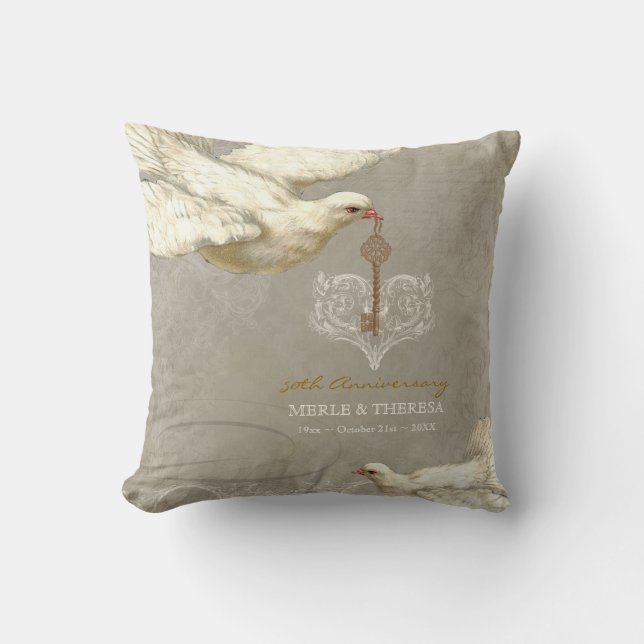 Key to my Heart Dove Swirl Flourish Grey Collage Cushion (Front)