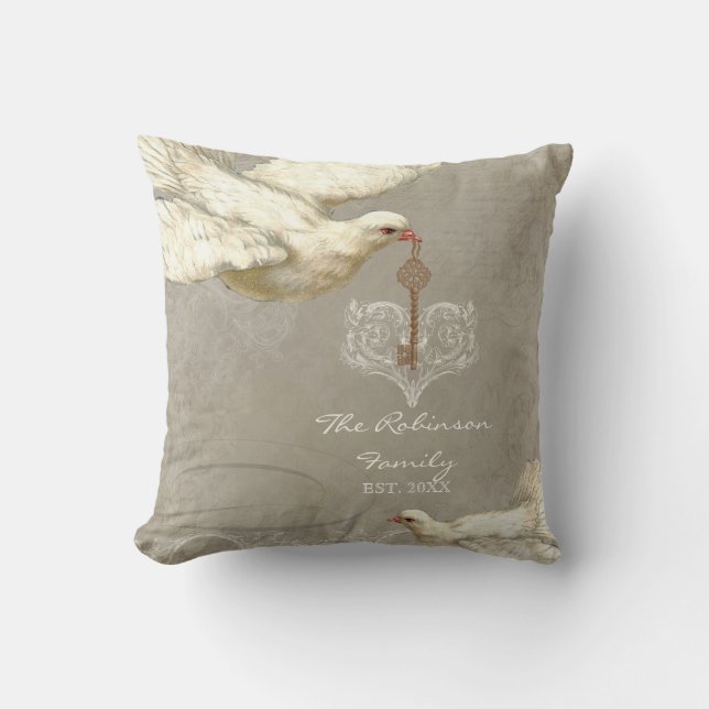 Key to my Heart Dove Swirl Flourish Grey Collage Cushion (Front)