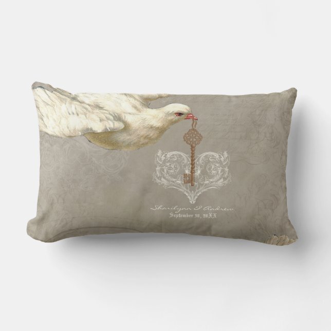 Key to my Heart Dove Swirl Flourish Grey Collage Lumbar Cushion (Front)