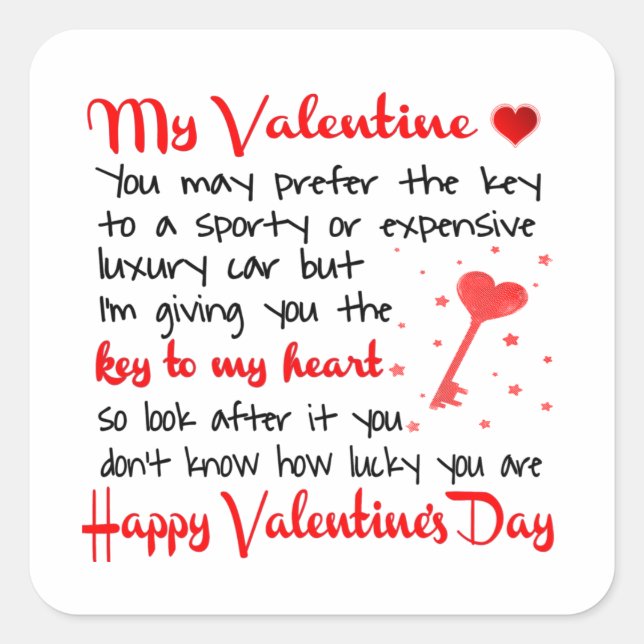   Key To My Heart Valentine's Day Gift Square Sticker (Front)