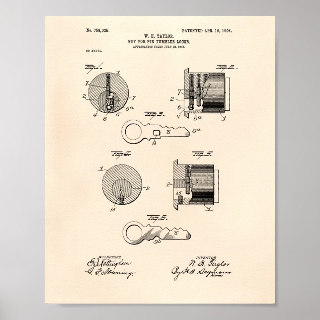 Key Tumbler Locks 1904 Patent Art Old Peper Poster (Front)