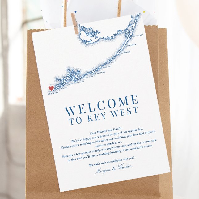 Key West FL Navy Blue Wedding Welcome Itinerary Thank You Card (Key West FL Map Wedding Welcome Letter Schedule of Events for an elegant navy blue wedding)