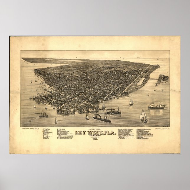 Key West Florida 1884 Antique Panoramic Map Poster (Front)