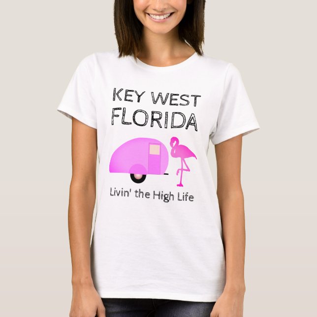Key West Florida Camping Theme Pink Flamingo T-Shirt (Front)