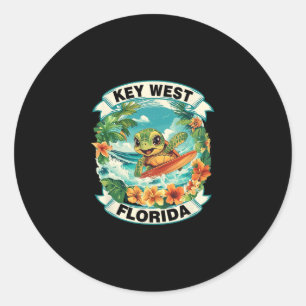 Key West Florida Cute Sea Turtle Surfing Summer Va Classic Round Sticker