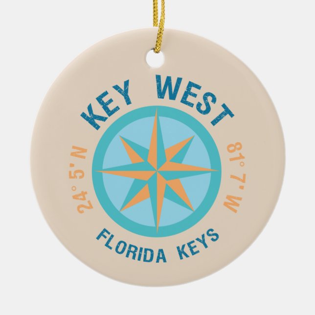 Key West Florida Latitude and Longitude Ceramic Tree Decoration (Front)