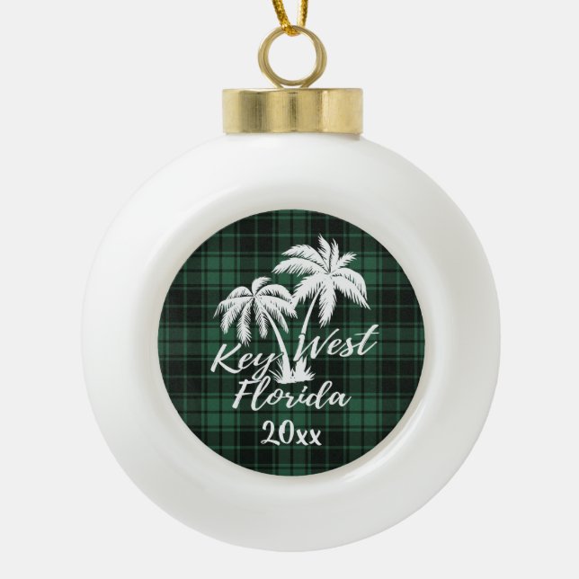 Key West Florida Palm Tree Green Plaid Ceramic Ball Christmas Ornament (Front)