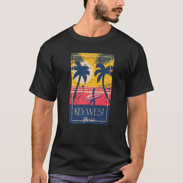 Key West Florida Retro Surfer Beach Distressed T-Shirt (Front)