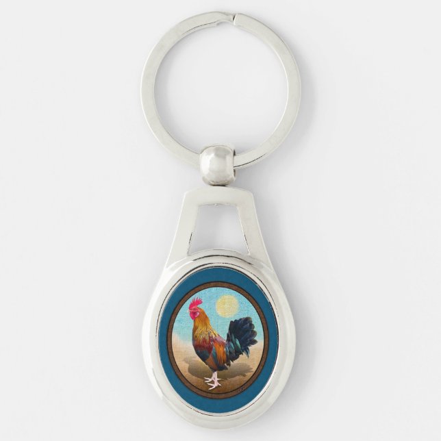Key West - Gypsy Rooster Vintage Oval Key Ring (Front)