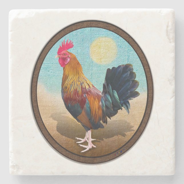 Key West - Gypsy Rooster Vintage Oval Stone Coaster (Front)