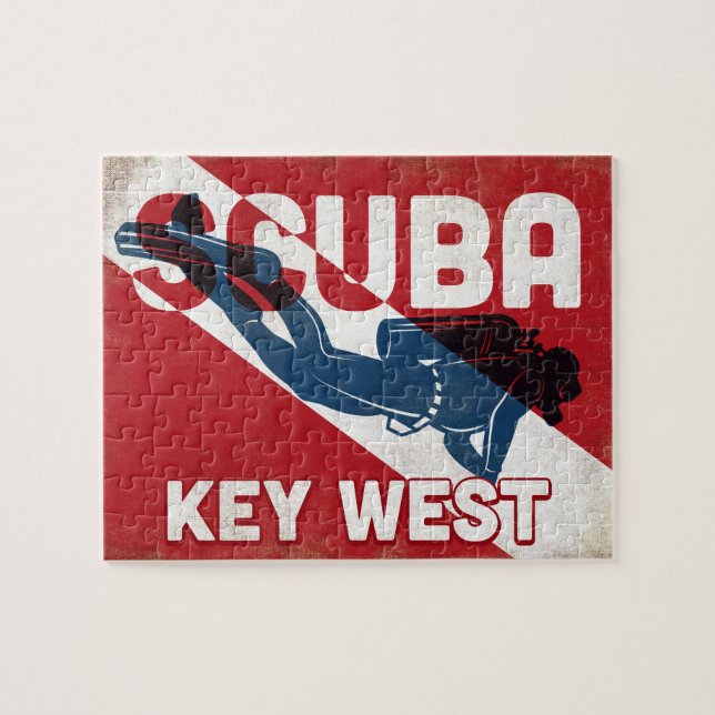 Key West Scuba Diver - Blue Retro Jigsaw Puzzle (Horizontal)
