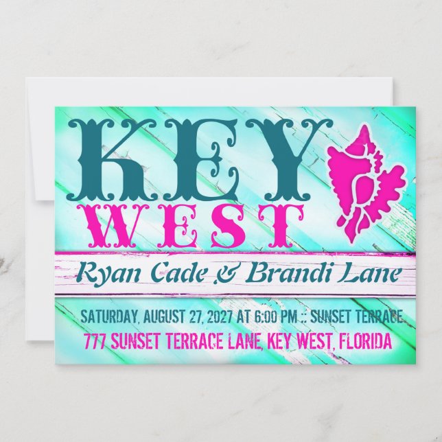 KEY WEST Wood Champagne Metallic Invitation (Front)