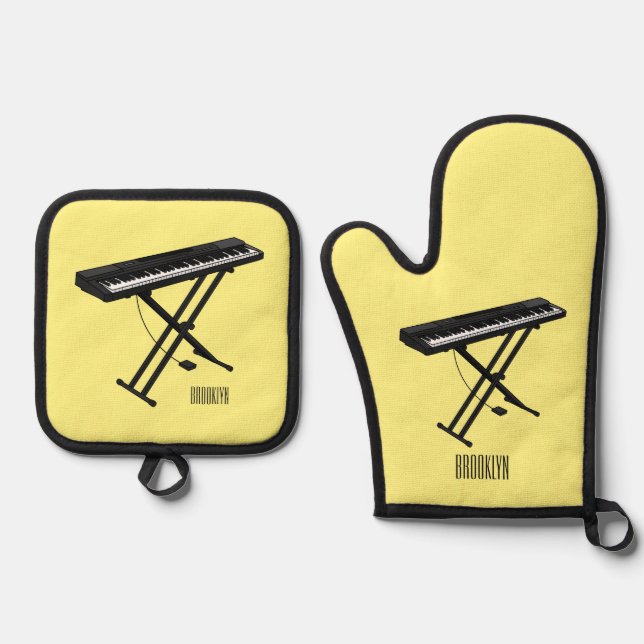 Keyboard piano cartoon illustration oven mitt & pot holder set (Front)