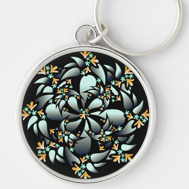 Keychain, Cute Floral Design, Silver Grey, Orange Key Ring (Front)