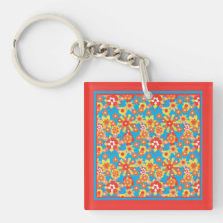 Keychain: Ditzy Orange Flowers on Blue Background Key Ring