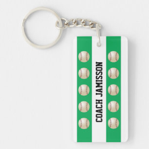 Keychain, Green & White, for Baseball Coach/Player Key Ring