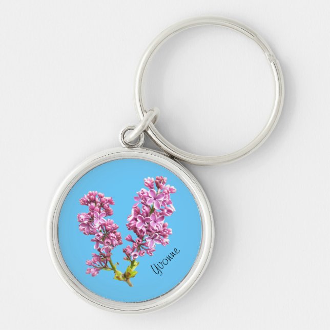 Keychain - Lilac Blossoms with Name on Blue (Front)
