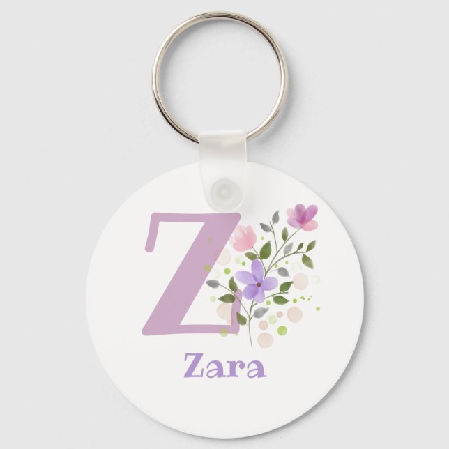 Keychain or Key Fob in a Floral Design with Name (Front)