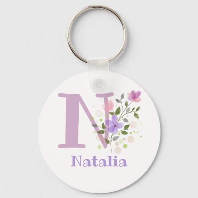 Keychain or Key Fob in a Floral Design with Name (Front)