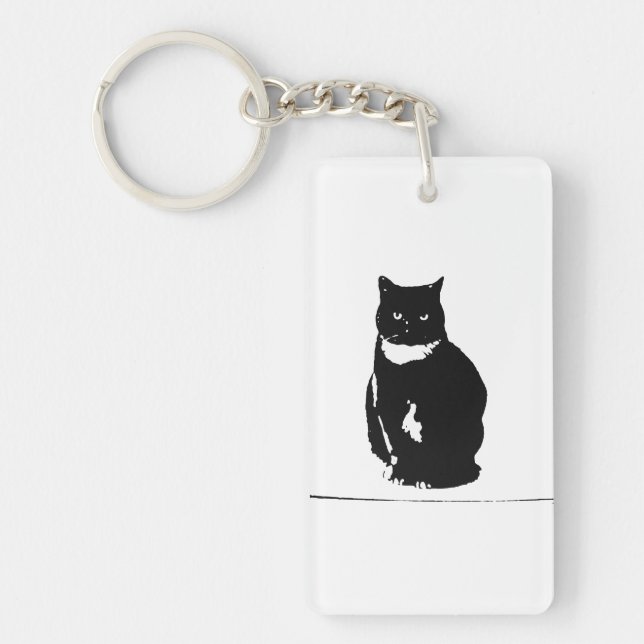 Keychain - stylised tuxedo black cat with attitude (Front)