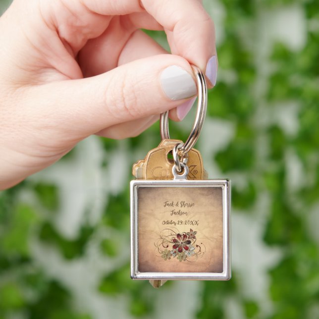 Keychain Wedding Favour With Name & Date Floral  (Hand)