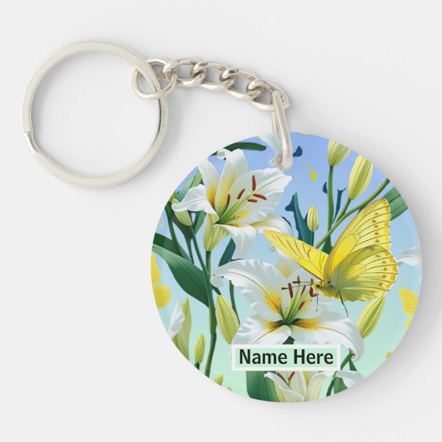 Keychain White Lily Yellow Butterfly  (Front)