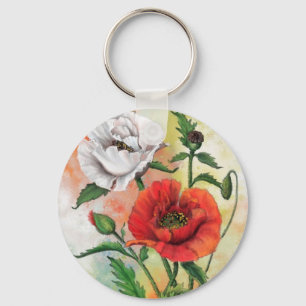 Keychain with Red White Poppies