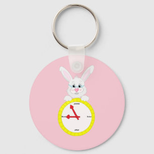 Keychain with white rabbit with clock design