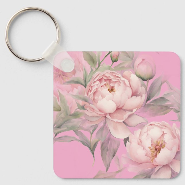  Keychains Pink Peonies, Pretty Garden Flowers (Front)