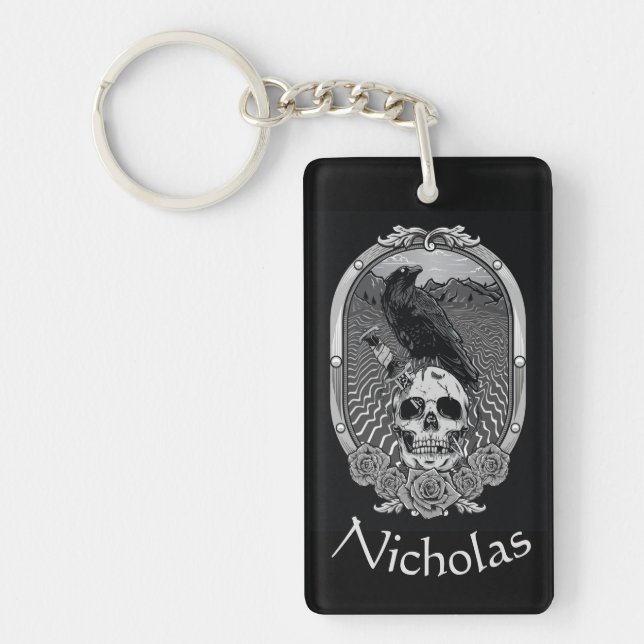Keys Belong Custom Name Loves Raven Bird Skull Key Ring (Front)