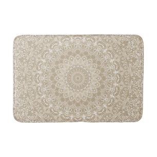 Khaki and White Ornamental Mandala Pattern Bath Mat