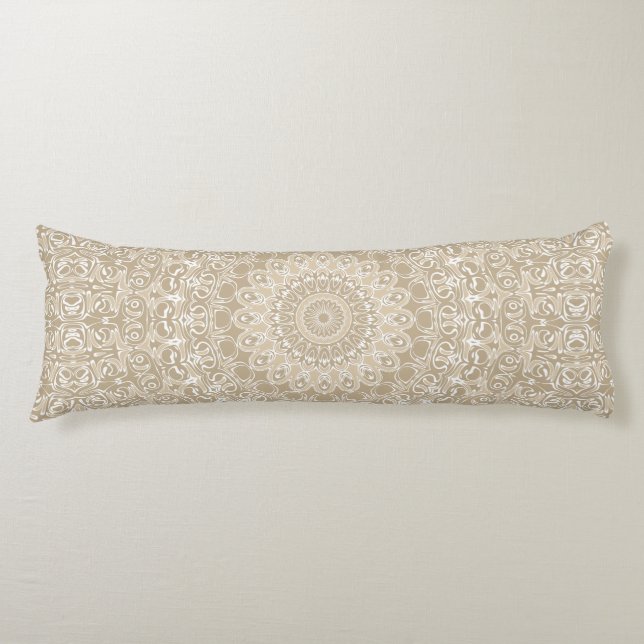 Khaki and White Ornamental Mandala Pattern Body Cushion (Front)