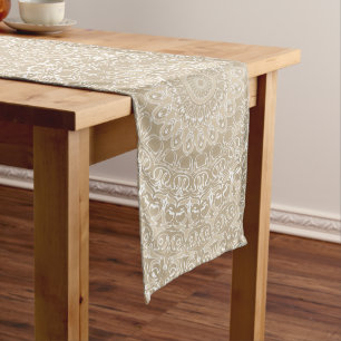 Khaki and White Ornamental Mandala Pattern Long Table Runner