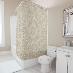 Khaki and White Ornamental Mandala Pattern Shower Curtain