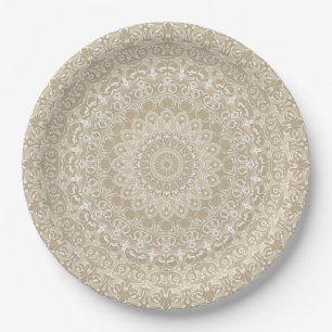 Khaki Beige Mandala Kaleidoscope Medallion Flower Paper Plate