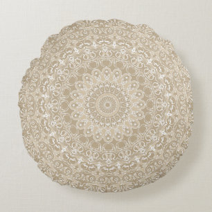 Khaki Beige Mandala Kaleidoscope Medallion Flower Round Cushion