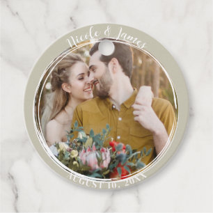 Khaki Beige Minimal Trendy Round Photo Wedding  Favour Tags