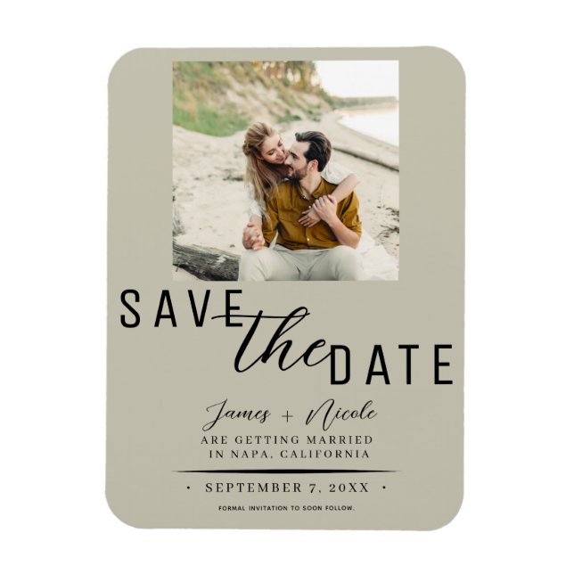 Khaki Beige Save the Date Photo Wedding Magnet (Vertical)