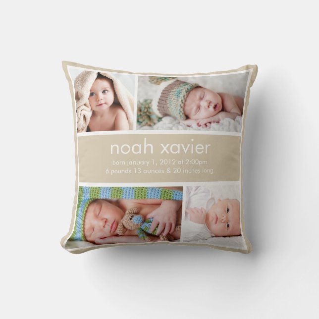 Khaki Birth Announcement Pillow (Front)