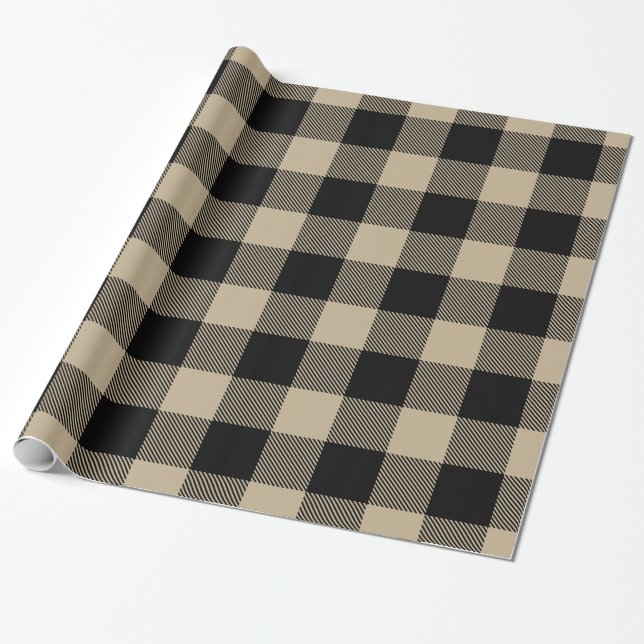 Khaki Black Huge Buffalo Plaid Lumberjack Tartan Wrapping Paper (Unrolled)