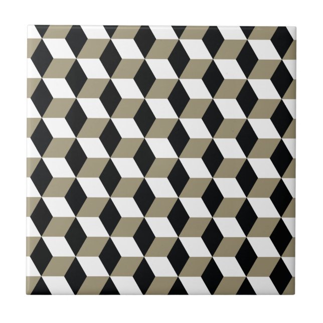 Khaki Black & White 3D Cubes Pattern Tile (Front)