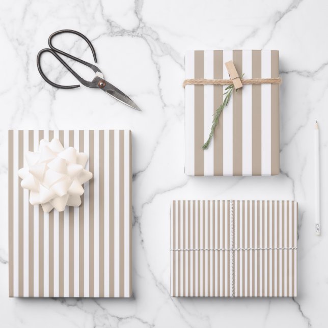Khaki Brown & White Stripes Wrapping Paper Sheet (Front)