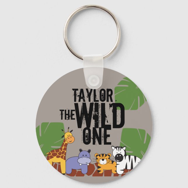 Khaki Brown Wild One Safari Animals Personalized Key Ring (Front)