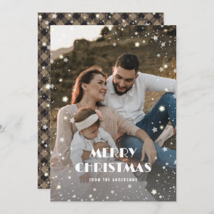 Khaki Buffalo Plaid Snow Stars Photo Christmas Holiday Card