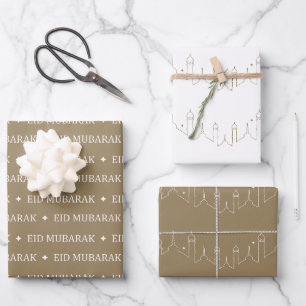 Khaki Eid Mubarak Masjid Pattern Design Wrapping Paper Sheet