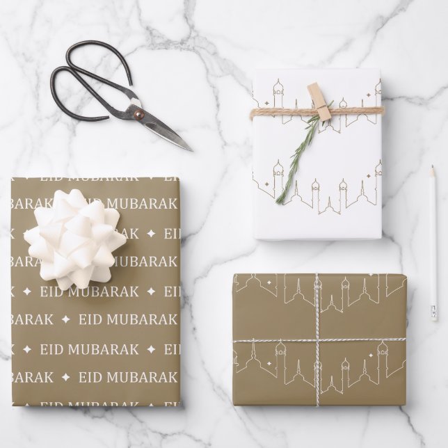 Khaki Eid Mubarak Masjid Pattern Design Wrapping Paper Sheet (Front)