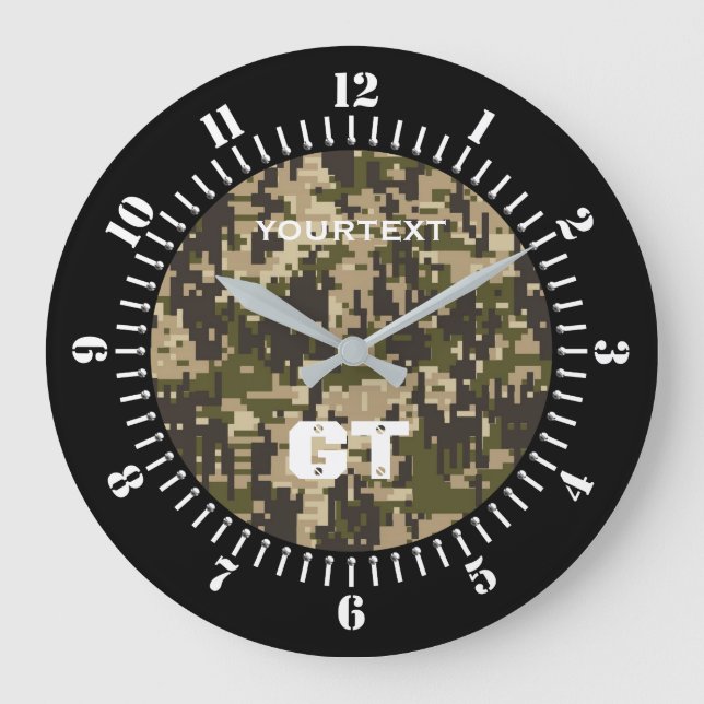 Khaki Green Digital Camouflage Personalised on a Large Clock (Front)